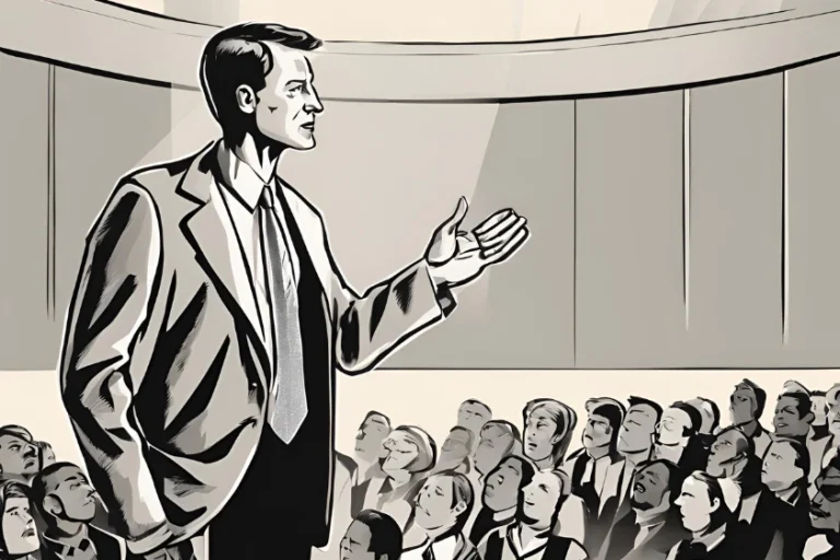 Persona hablando en público con postura erguida y mirada segura, proyectar autoridad y confianza